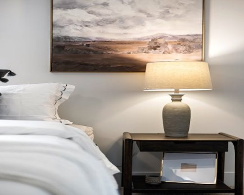 A calm bedroom with soft bedside lighting